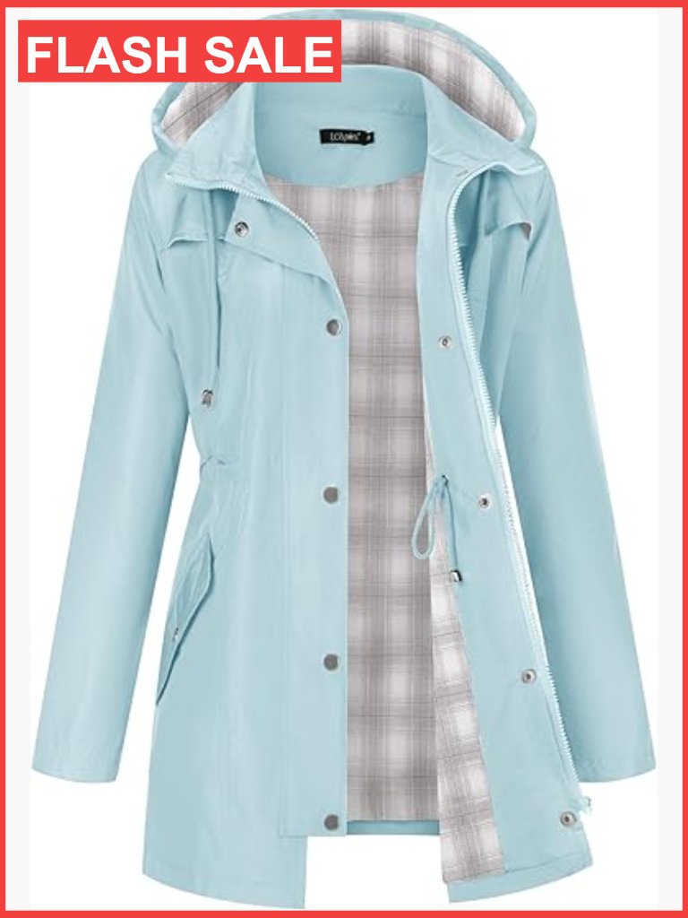 Waterproof Hooded Rain Jacket Lightweight Lined Trench Coat